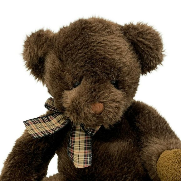 RUSS-BERRIE Espresso Teddy Bear Dark Brown 15" Plush Plaid Bow Pellets - Picture 2 of 6